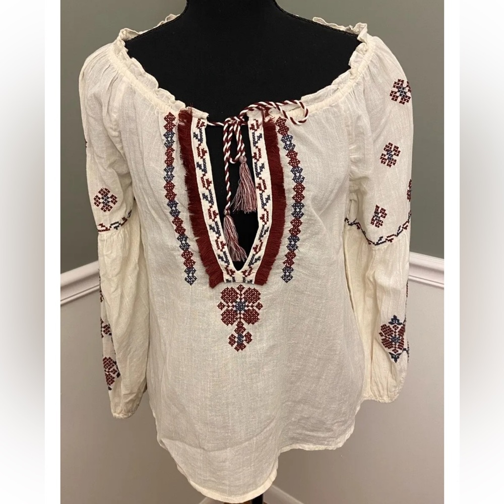American Eagle Shirt Women Small Cream Boho 3/4 Elastic Sleeve